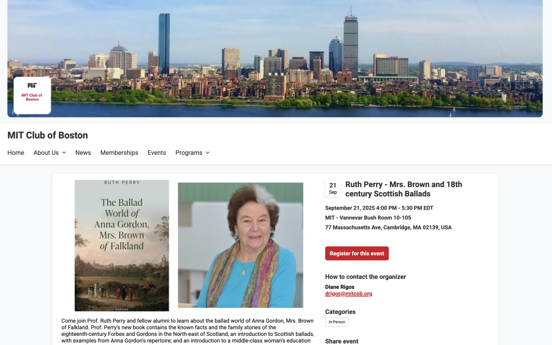 Sept 21 | MITCOB presents, Ruth Perry Mrs. Brown of Falkland and 18th century Scottish Ballads